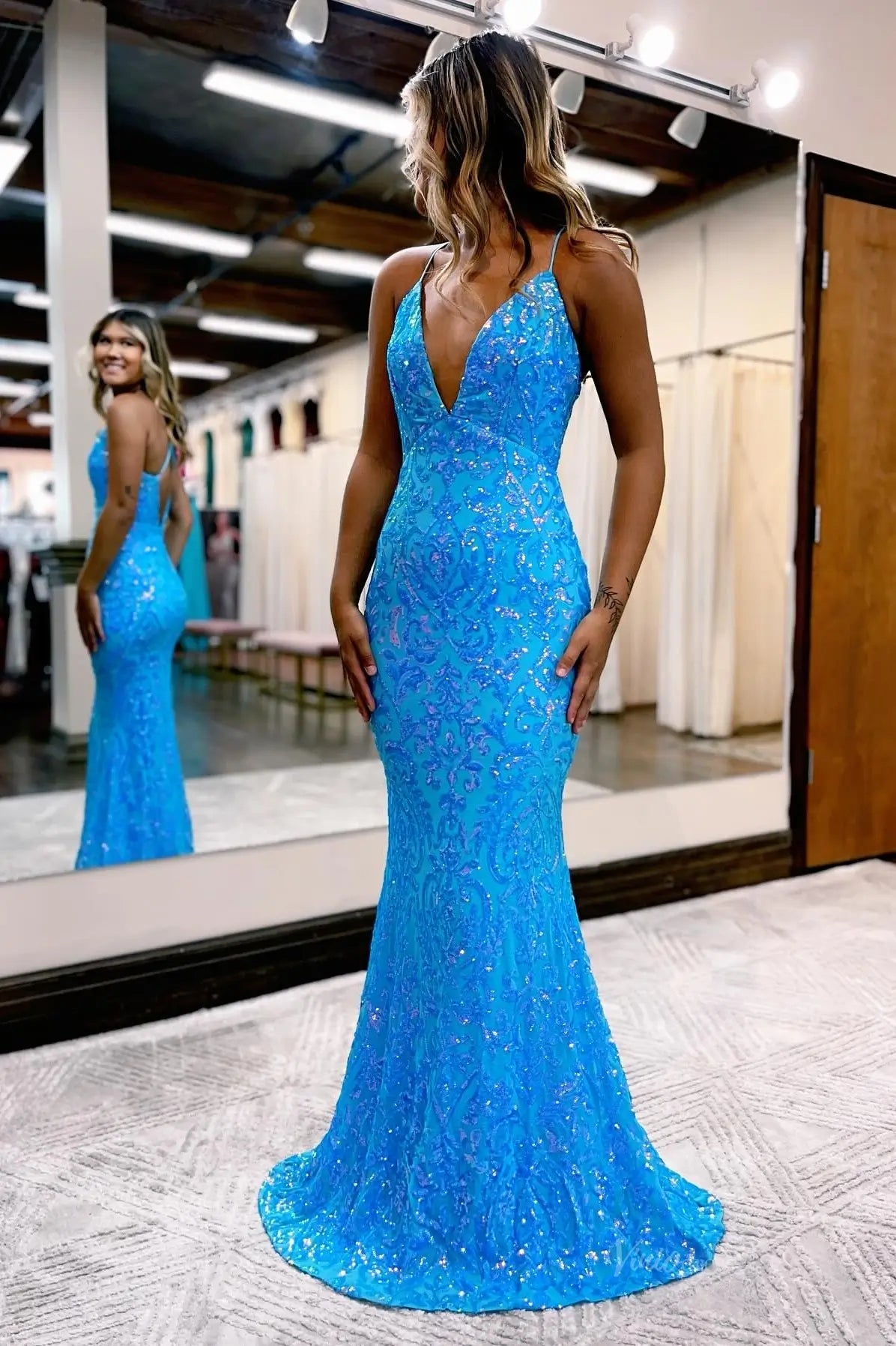 Blue Sequin Lace Mermaid Prom Dress with Deep V Neck – SQ042 – Viniodress