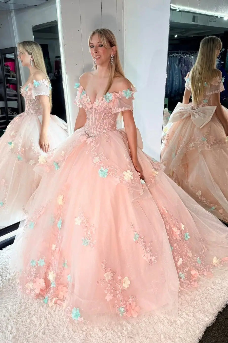Blush 3D Floral Quinceañera Ball Gown with Big Bow – QC001 – Viniodress