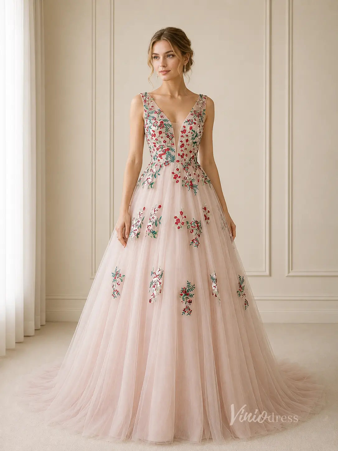 Blush Floral Tulle Wedding Dress with Plunging V Neck