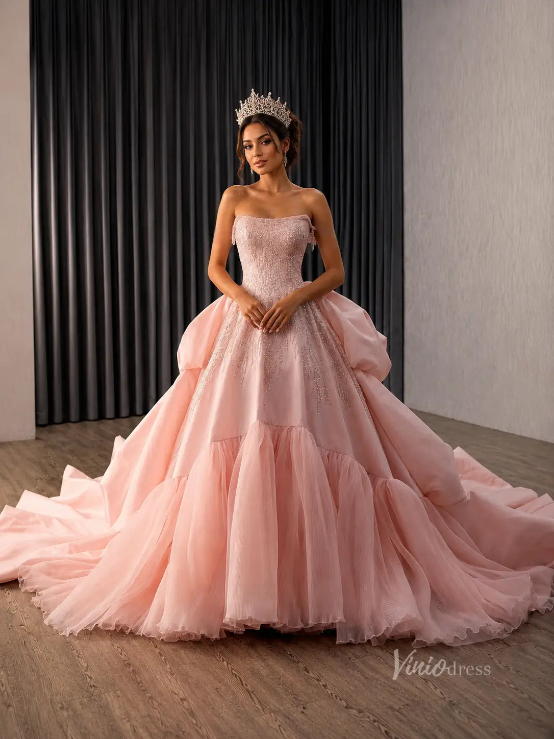 Blush Pink Sculptural Ruffle Quinceañera Gown – 241146 – Viniodress