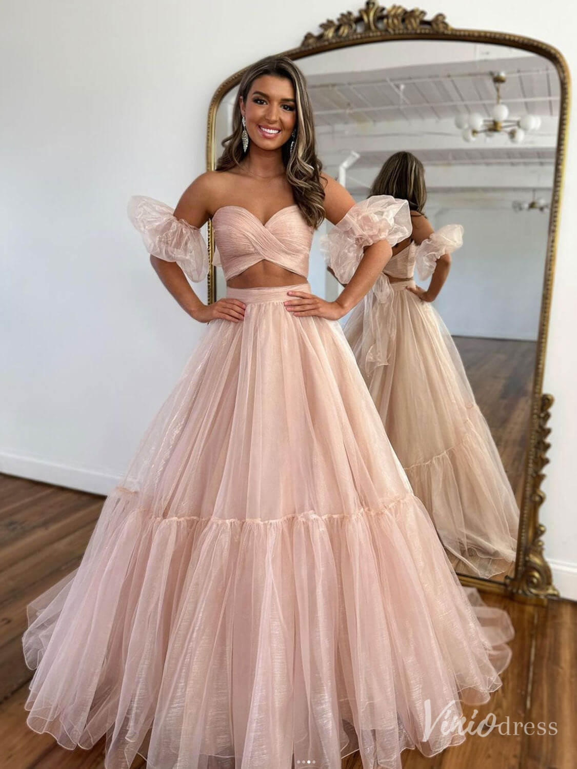 Blush Pink Organza Two Piece Prom Dresses Removable Puffed Sleeve Cros – Viniodress