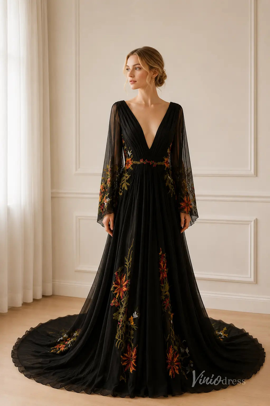 Black Floral Embroidered Wedding Dress with Bell Sleeves