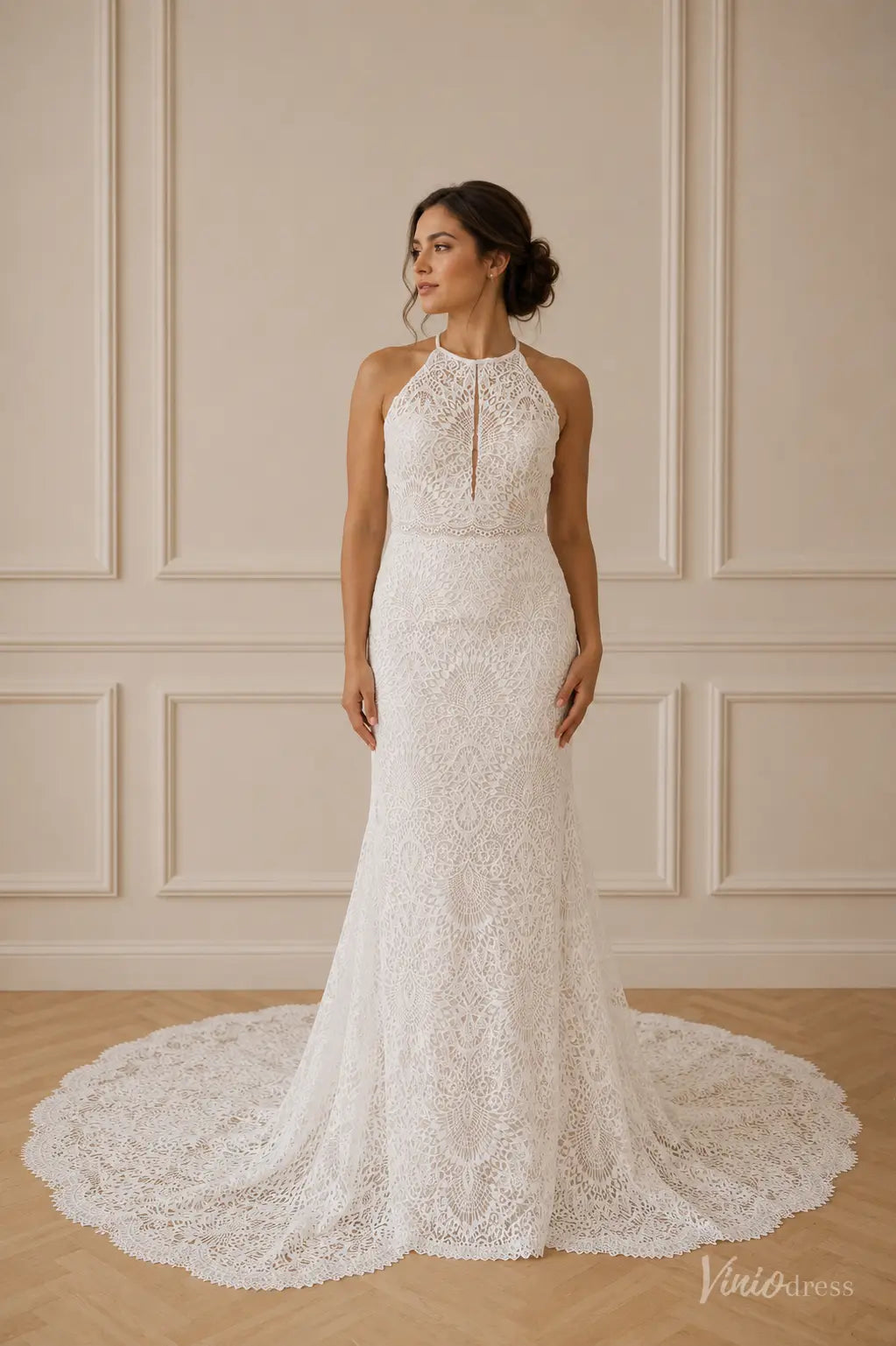 Boho Geometric Lace Halter Wedding Dress with Open Back