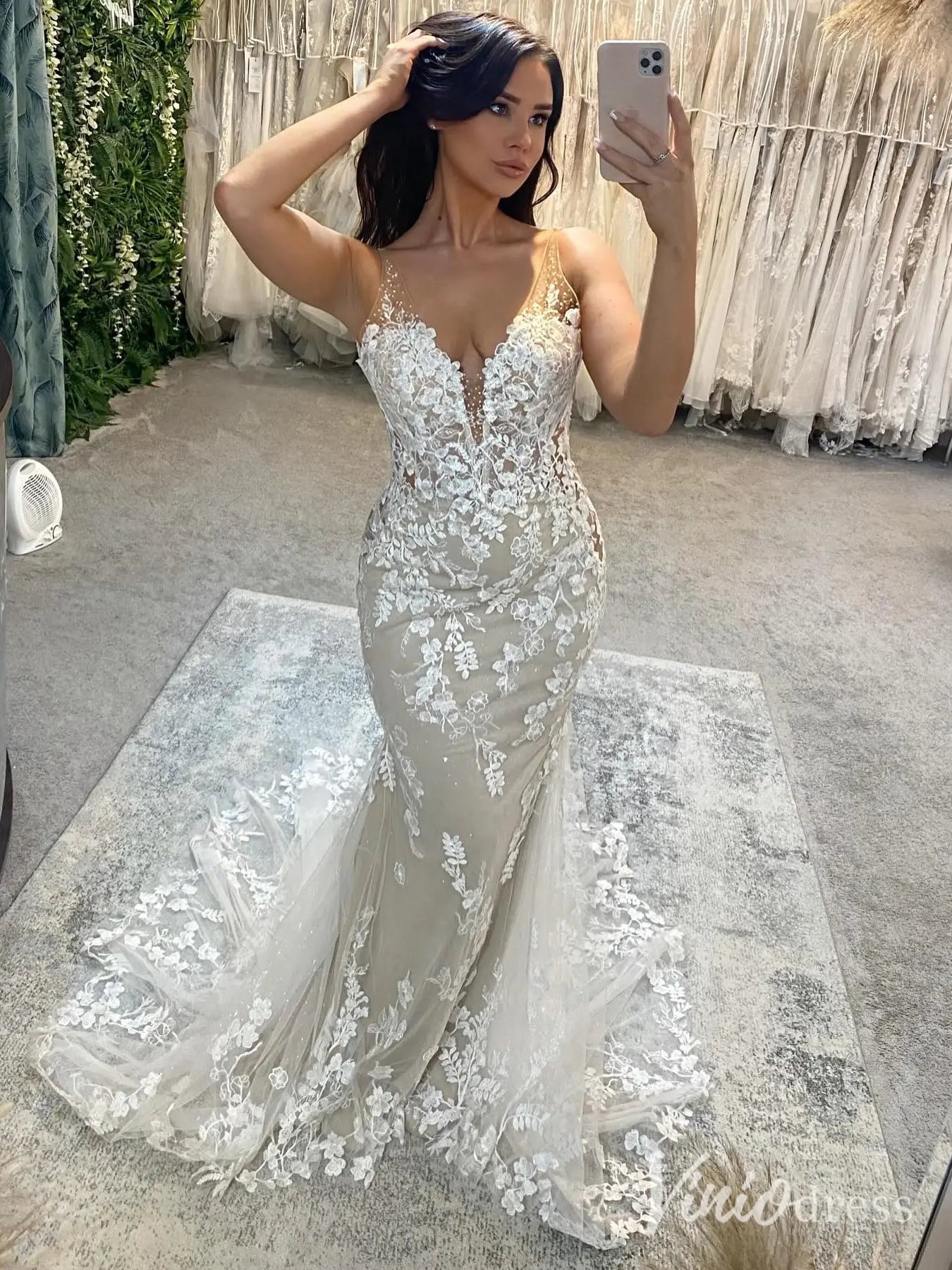 Boho Lace Mermaid Wedding Dress with Nude Lining, Plunging V-Neck & Chapel Train – ML108