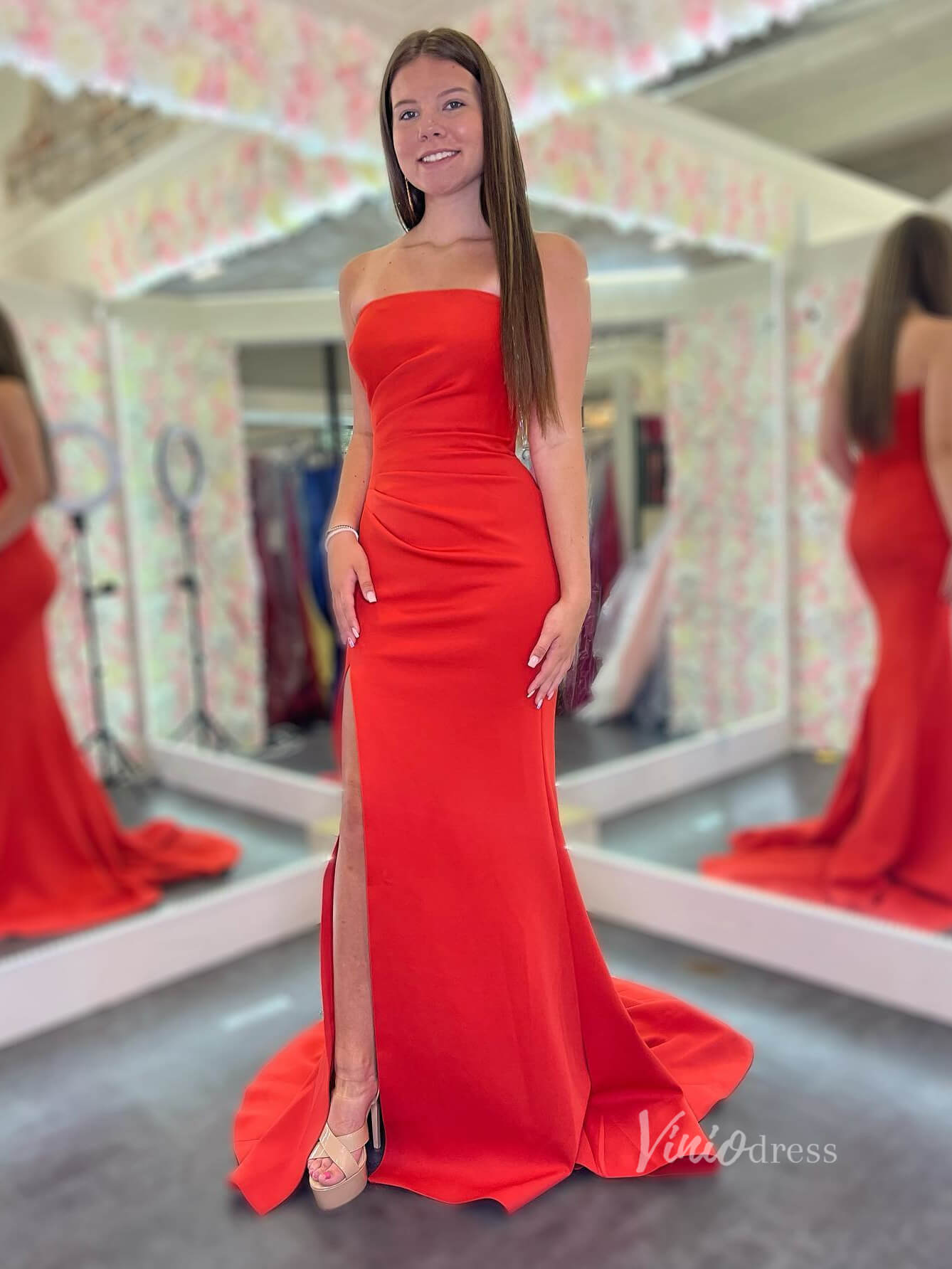 Bright Red Strapless Mermaid Prom Dresses with Slit Pleated Bodice FD3973