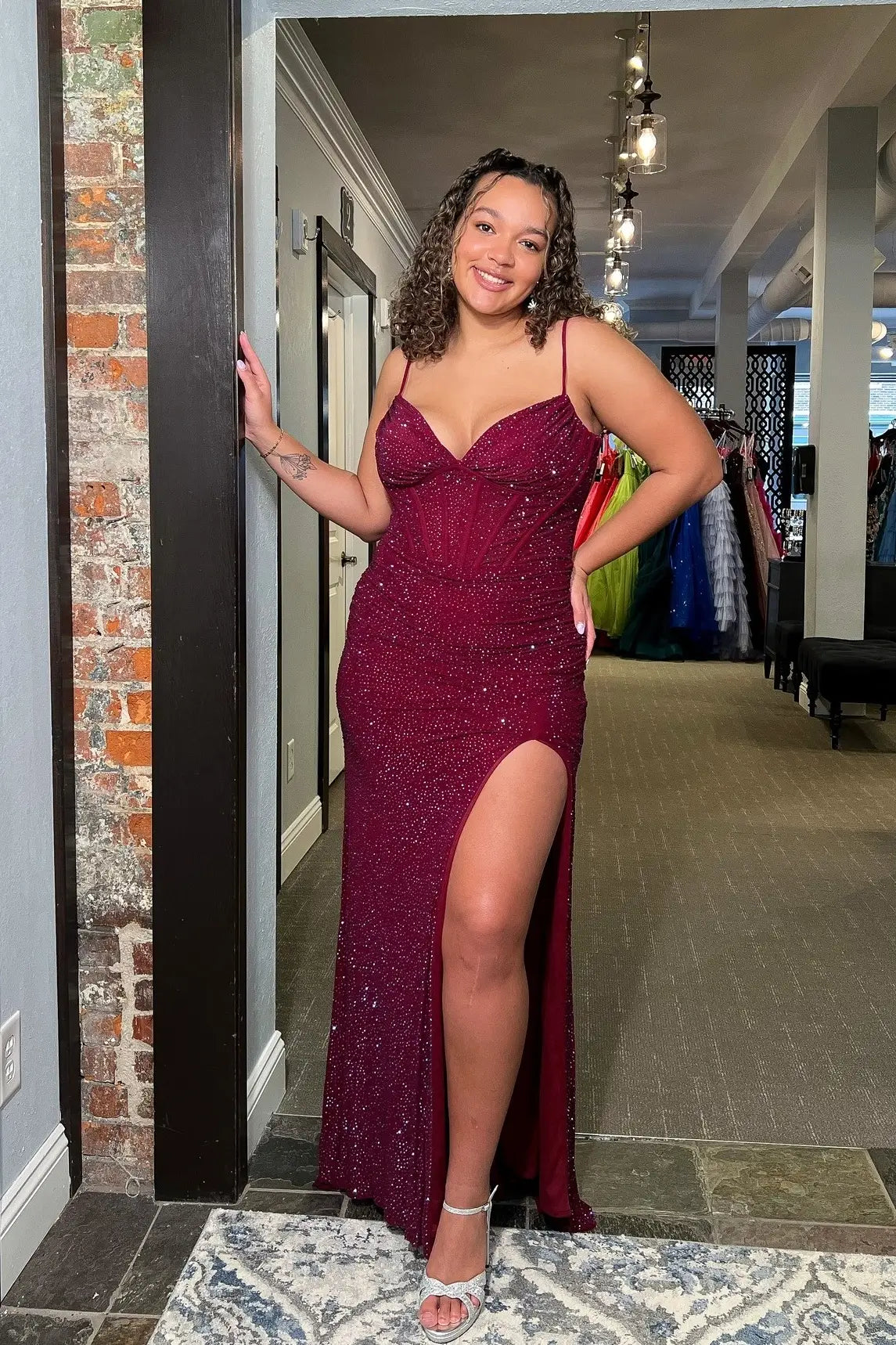 Burgundy Glitter Sheath Prom Dress with Ruched Corset & Slit – SQ019 – Viniodress