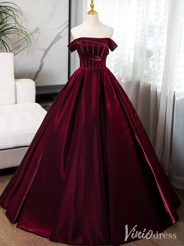 Burgundy Off the Shoulder Prom Dresses Shiny Satin Ball Gown AD1357 – Viniodress