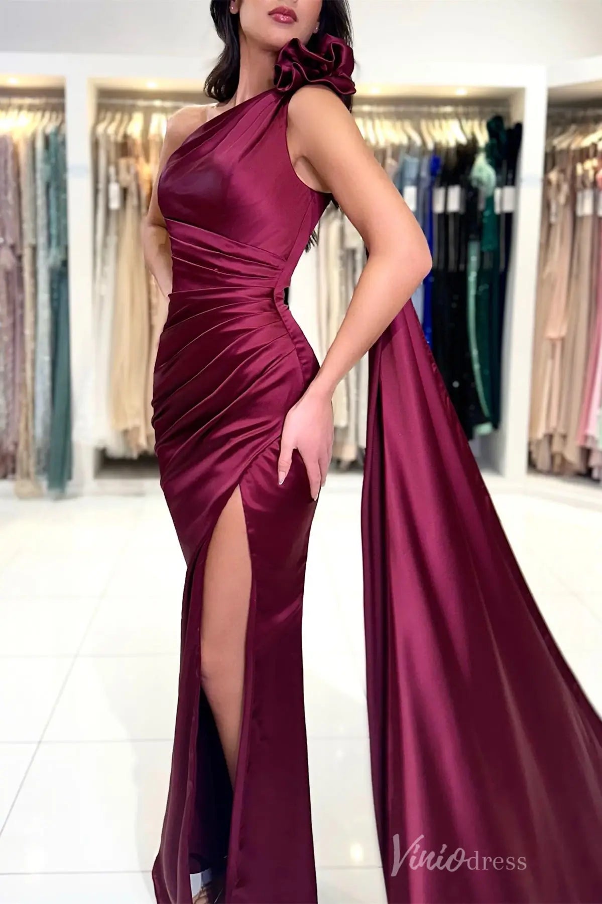 Burgundy One-Shoulder Satin Evening Gown with High Slit – SS003 – Viniodress