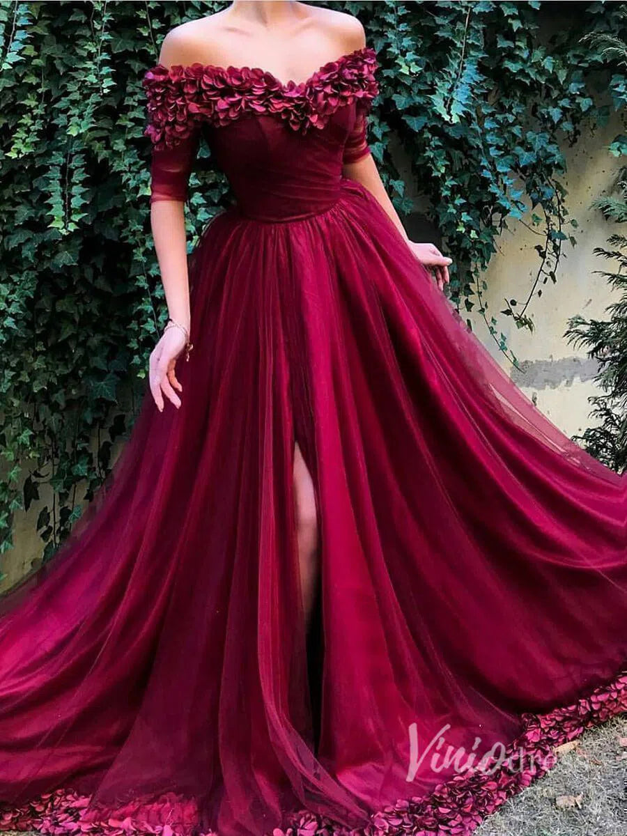 Burgundy Prom Dresses Off the Shoulder Formal Dress with Slit FD1254 – Viniodress