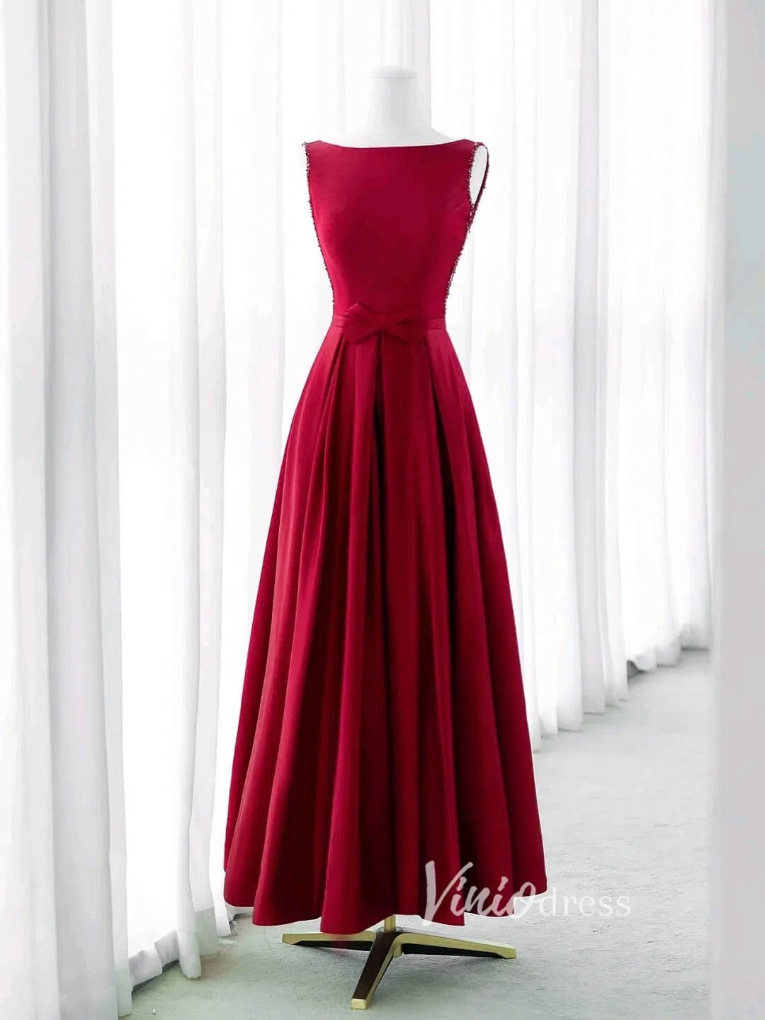 Burgundy Satin Prom Dresses Tea-Length Boat Neck Formal Dress FD3437 – Viniodress