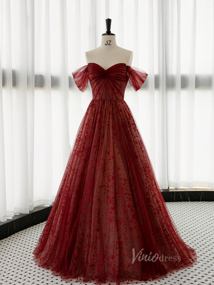 Burgundy Shimmering Tulle Prom Dresses Off the Shoulder Formal Dress A – Viniodress