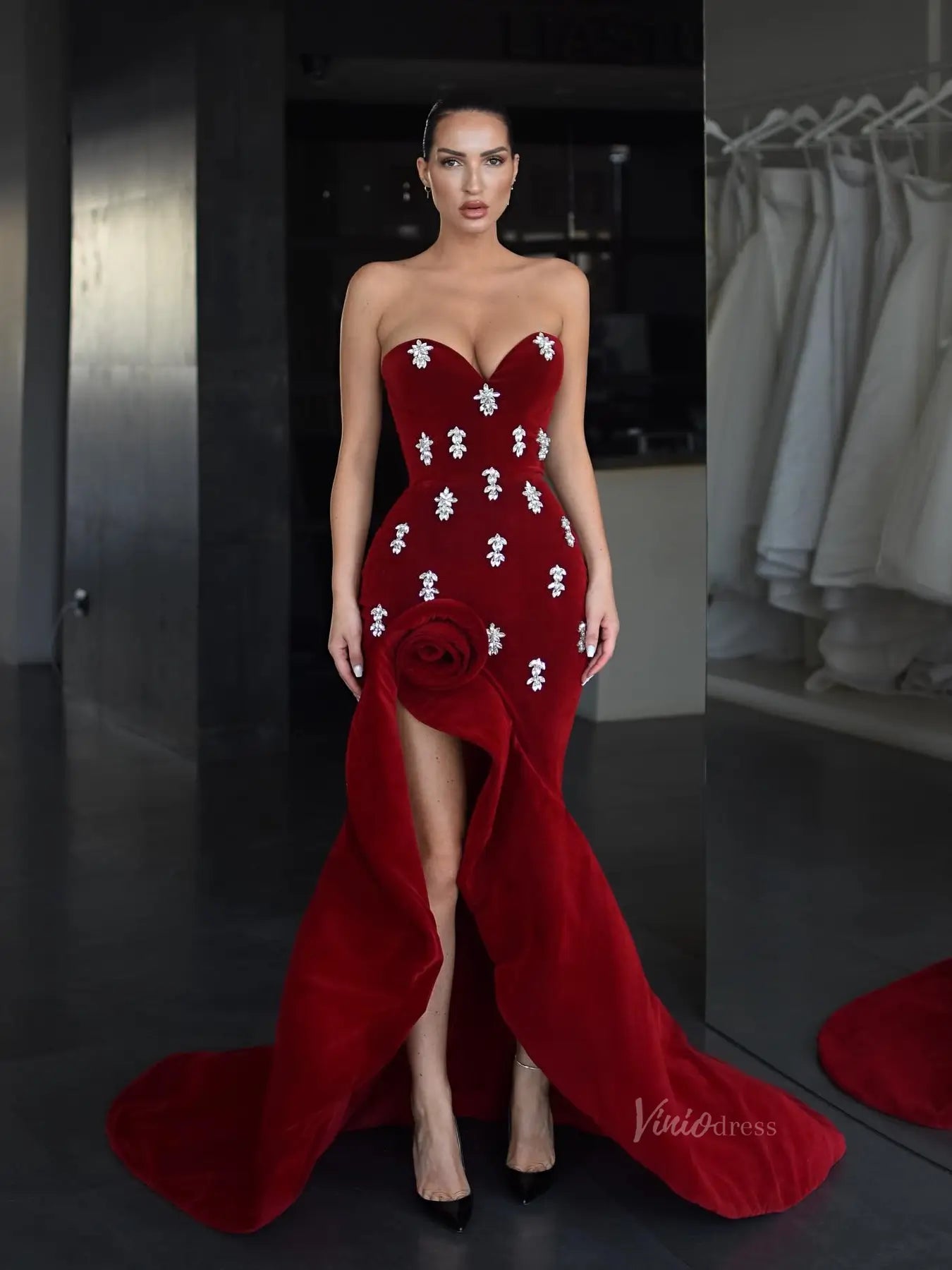 burgundy dress with rhinestones Velvet Prom Dresses Rhinestones, Rosette Slit & Sweetheart Neckline Minimalism comes with decadent Tassel loafers Black Plunge Neck Mini Pick Size:XS