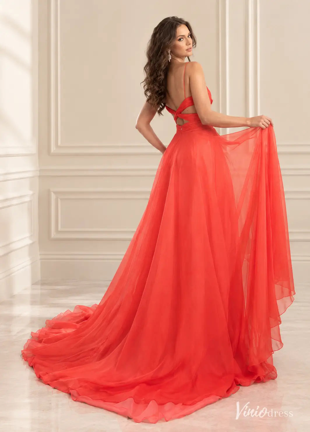 Coral Chiffon Prom Dresses with Bow Cutout Bodice, Spaghetti Straps & High Slit CH010