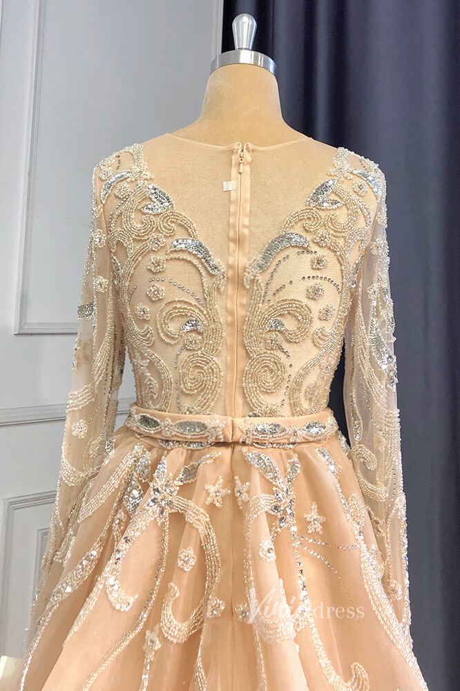 Champagne Beaded Pageant Dresses Long Sleeve Prom Dress FD3027-Evening Dresses 2025 -Viniodress-Champagne-US 2-