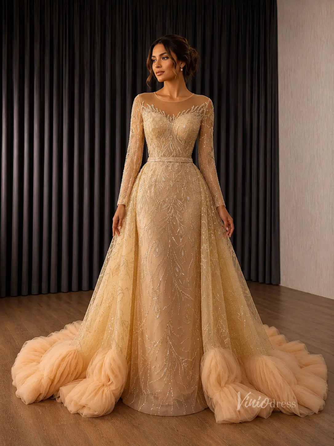 Champagne Beaded Long Sleeve Wedding Dress with Overskirt – 251137 – Viniodress