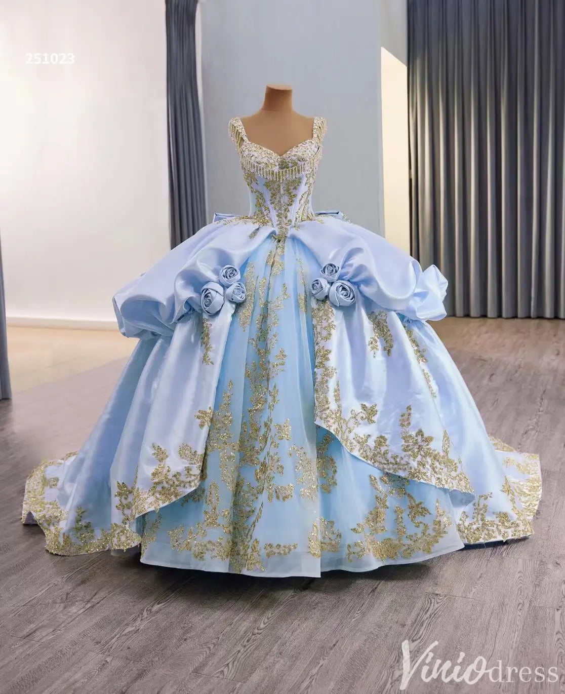 Blue and Gold Quinceañera Dress with Overskirt – Style 251023 – Viniodress