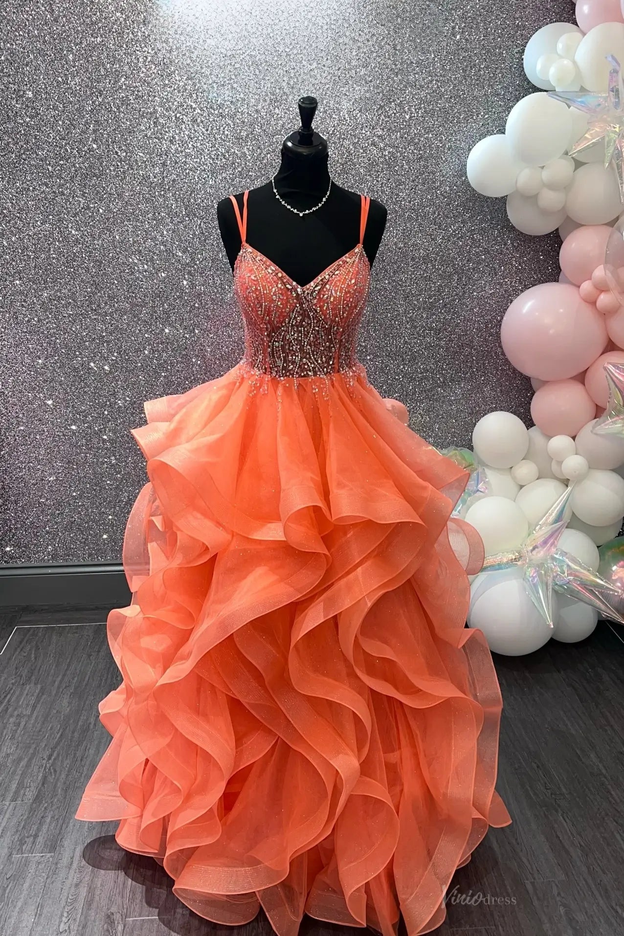 Coral Beaded Corset Prom Dress with Tiered Ruffle Glitter Tulle Skirt & Spaghetti Straps – LY021