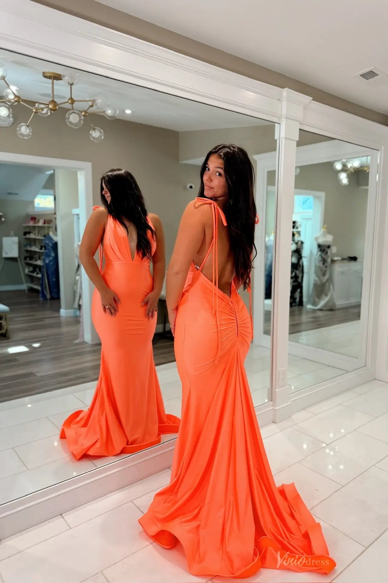 Coral Orange Deep V Backless Mermaid Prom Dress with Tie Straps & Ruched Back – SS281