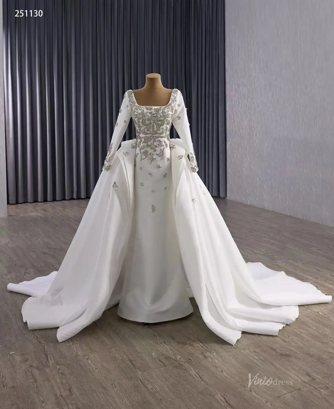 Couture Beaded Wedding Dress with Satin Overskirt
