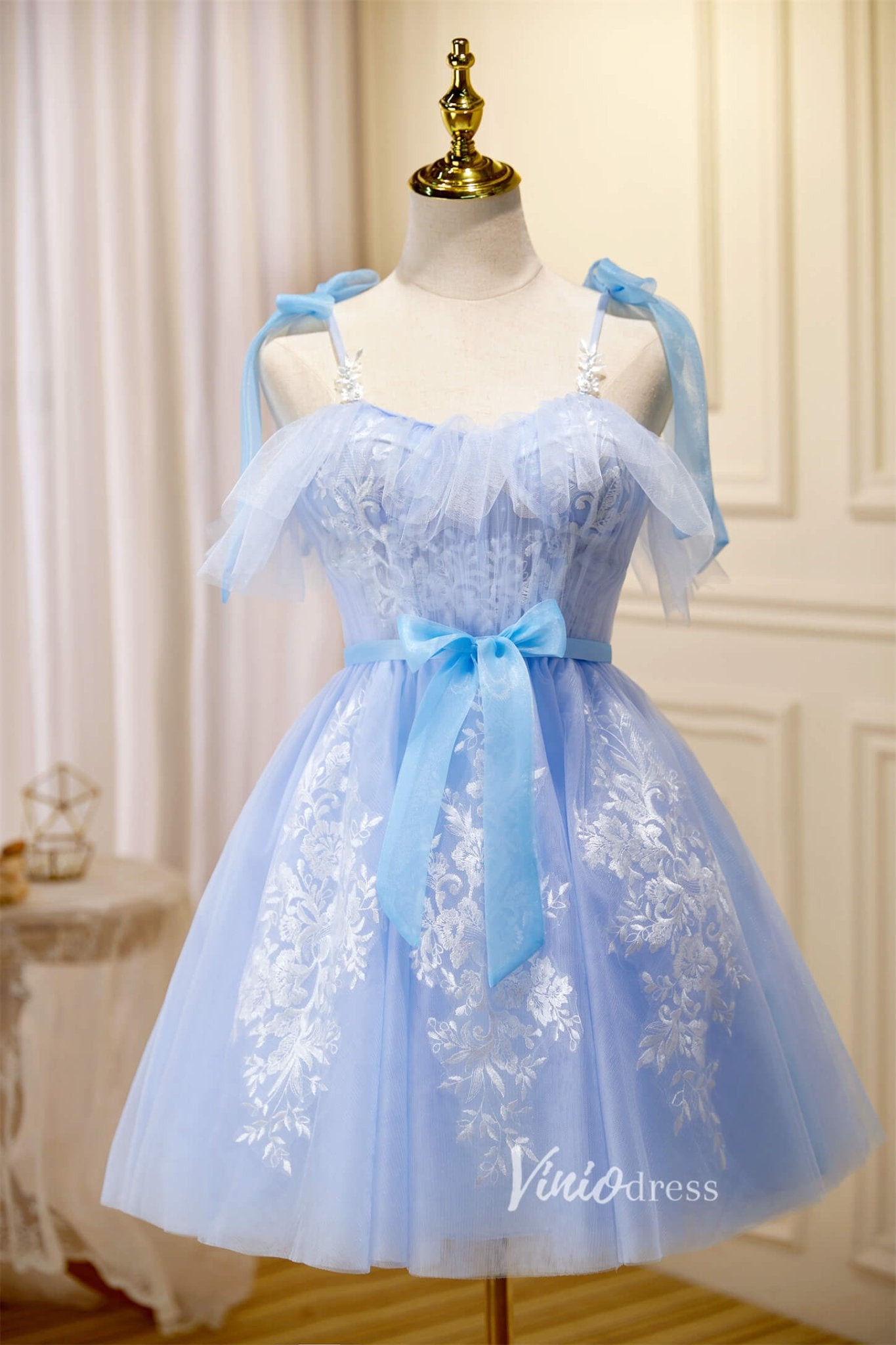 Cute Tulle Hoco Dresses Light Blue Spaghetti Strap Graduation Dresses – Viniodress