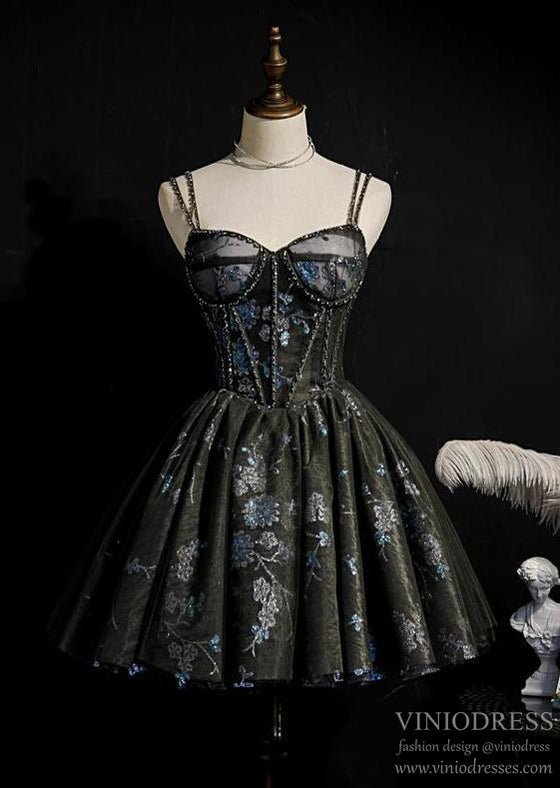 Dark Black Gray Lace Homecoming Dresses Sparkly Beaded Hoco Dress SD13 – Viniodress