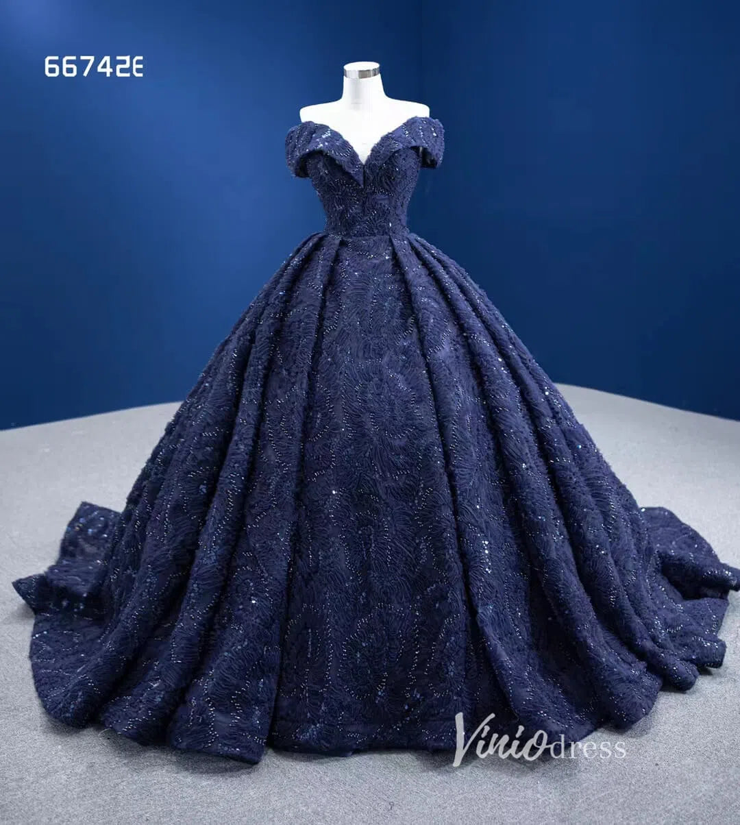 Dark Blue Ball Gown Wedding Dress Off the Shoulder Sweet 16 Dress 6674 – Viniodress