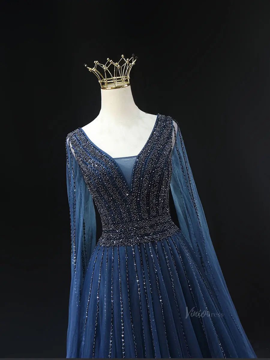 Dark Blue Sparkly Tulle Prom Dresses with Cape Sleeve, V-Neck, Beaded Pageant Dresses SU065-prom dresses 2025 -Viniodress-Blue-Custom Size-