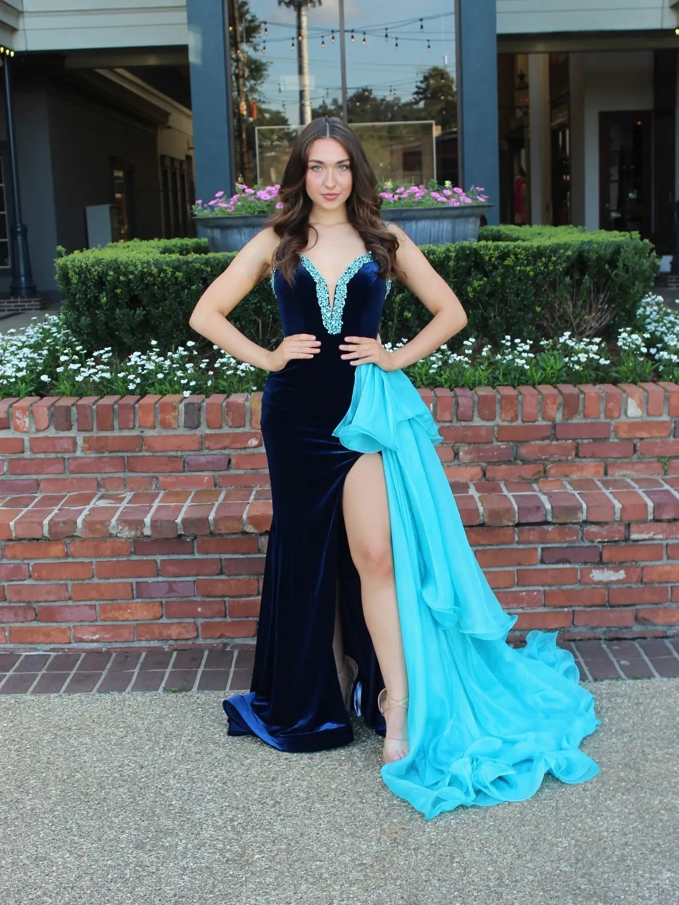 Dark Blue Velvet Prom Dress with Rhinestone Neckline & Organza Skirt – – Viniodress