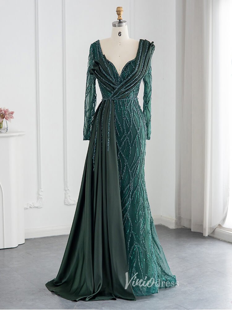 Dark Emerald Green Evening Dresses Long Sleeve Beaded Prom Dress 20080 – Viniodress