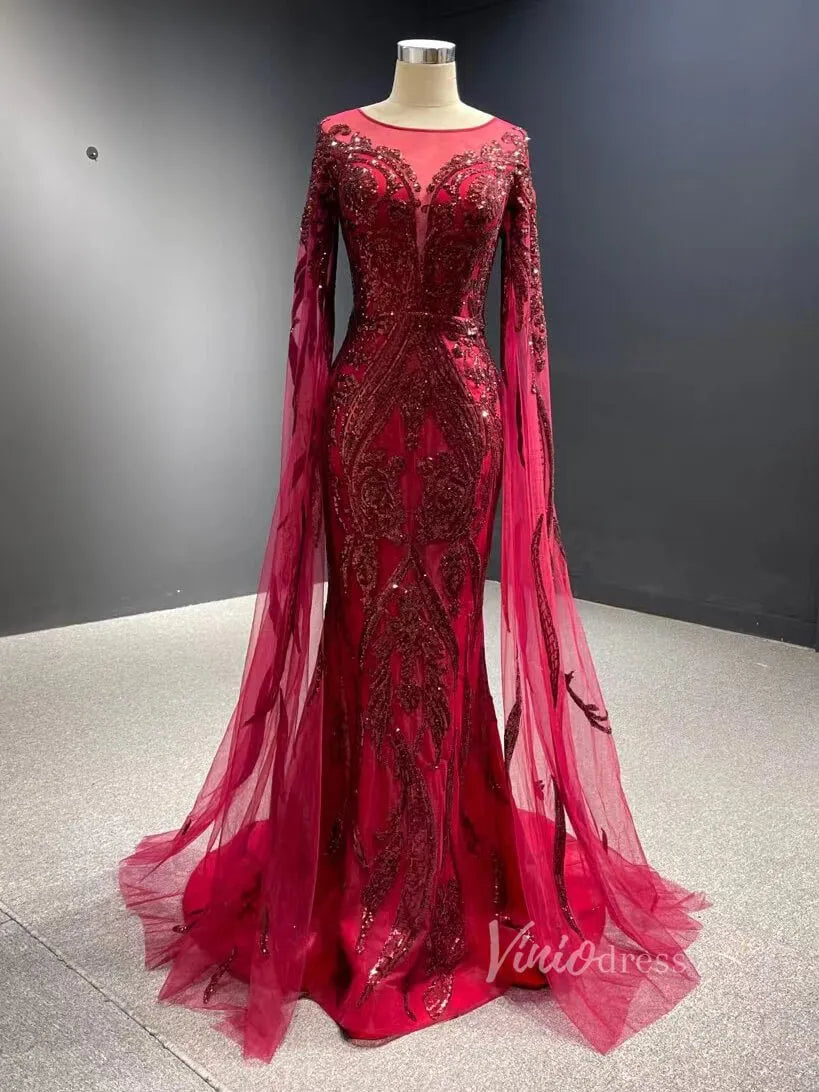 Dark Red Sequin Prom Dress Extra Long Sleeve Mermaid Pageant Dress 673 – Viniodress