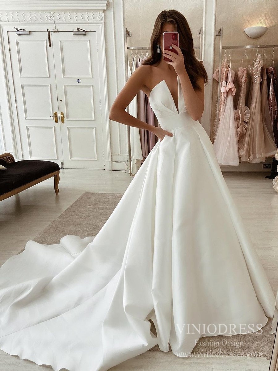 Deep V neck Strapless Satin Wedding Dresses with Pockets VW1867 – Viniodress
