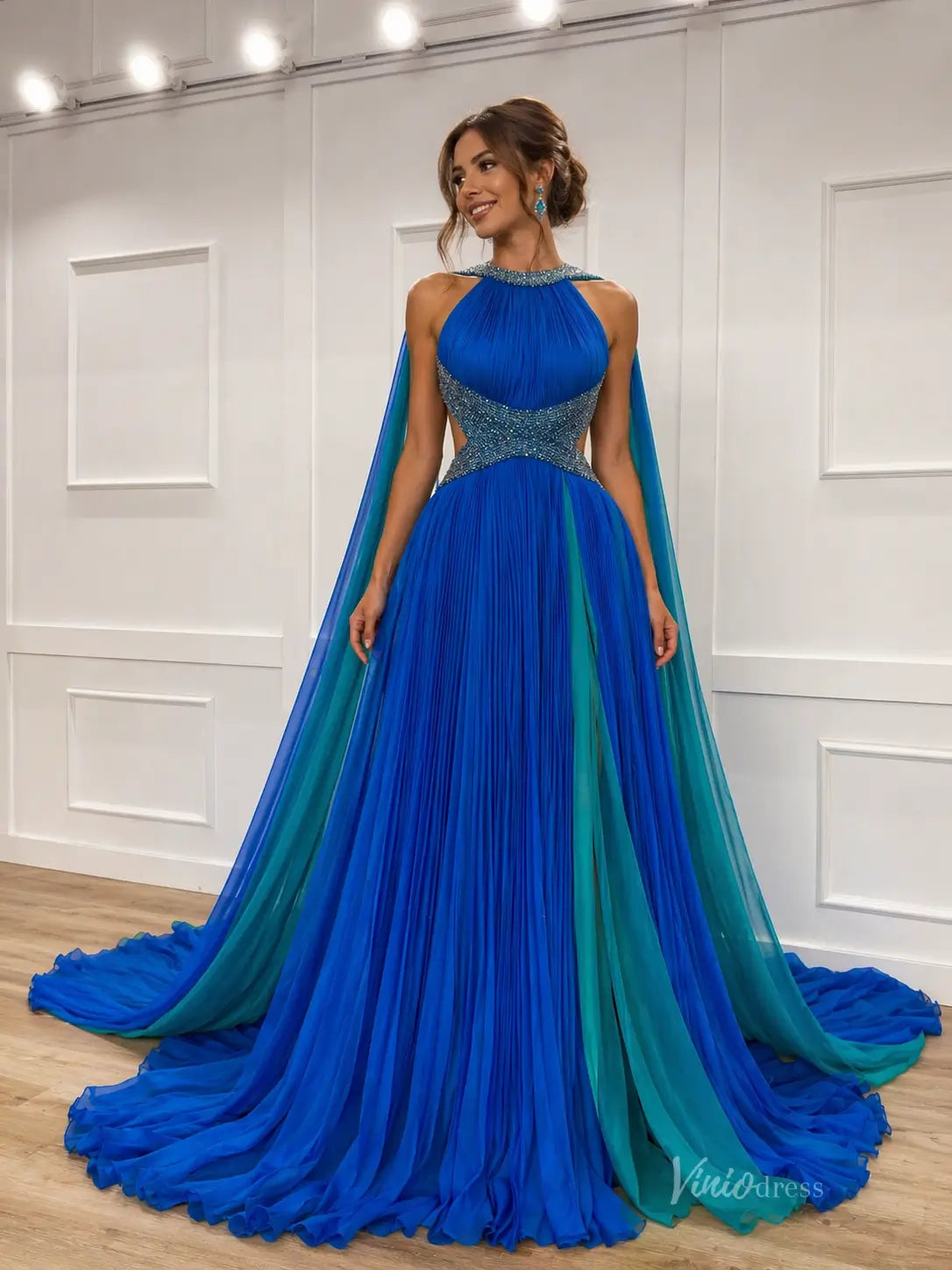 Beaded Halter Pageant Gown with Cape Train & Slit – PG022 – Viniodress