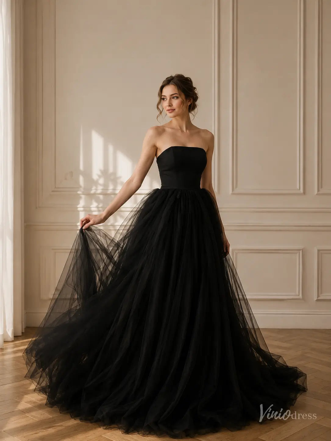 Dramatic Black Tulle Wedding Gown with Corset Back and Romantic Layere – Viniodress