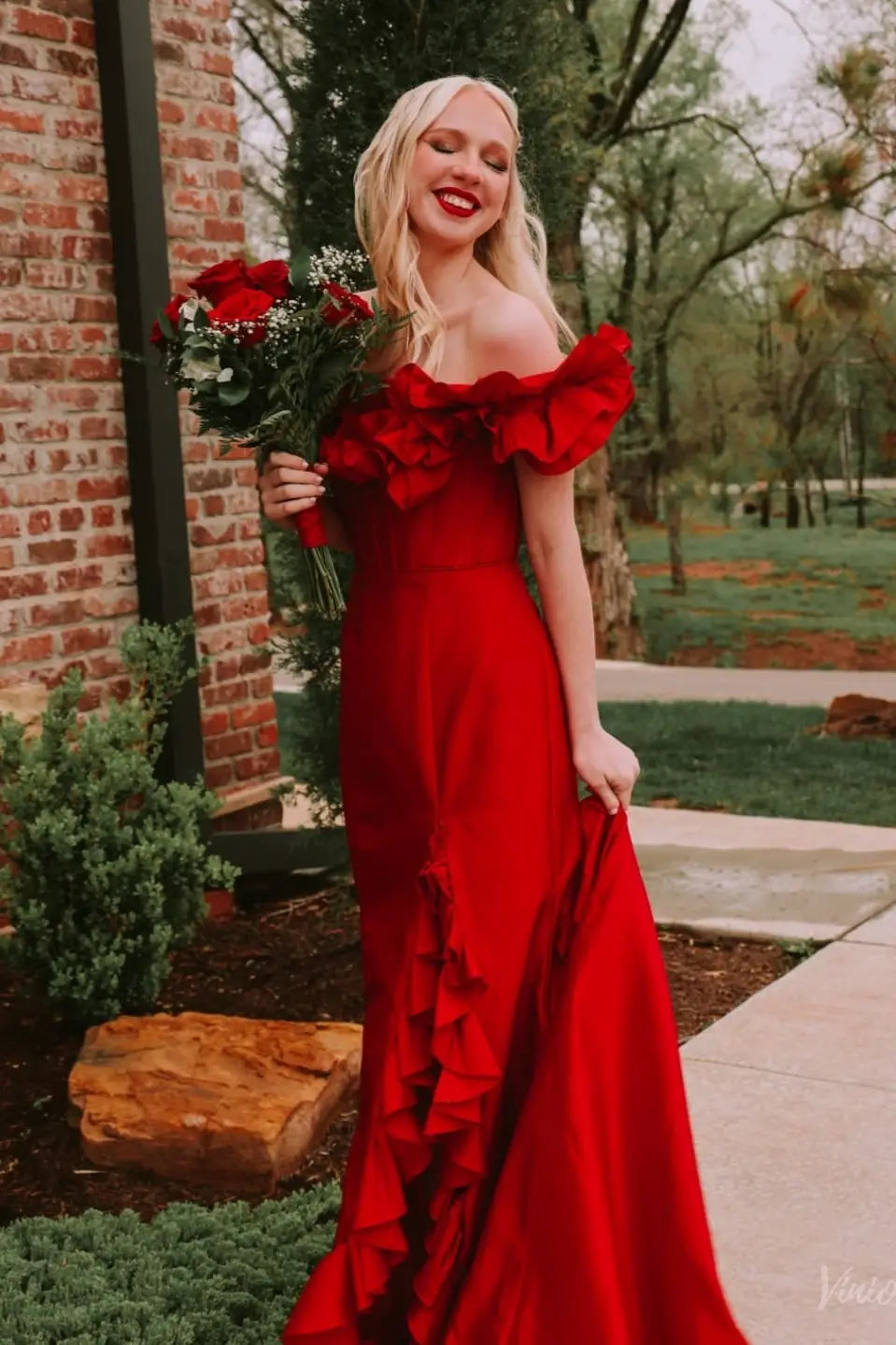 red off the shoulder ruffle dress Off-Shoulder Mermaid Prom with High Slit Off the Shoulder Neckline Soiree-1 Wedtrend Women Bridesmaids A Print Size:24