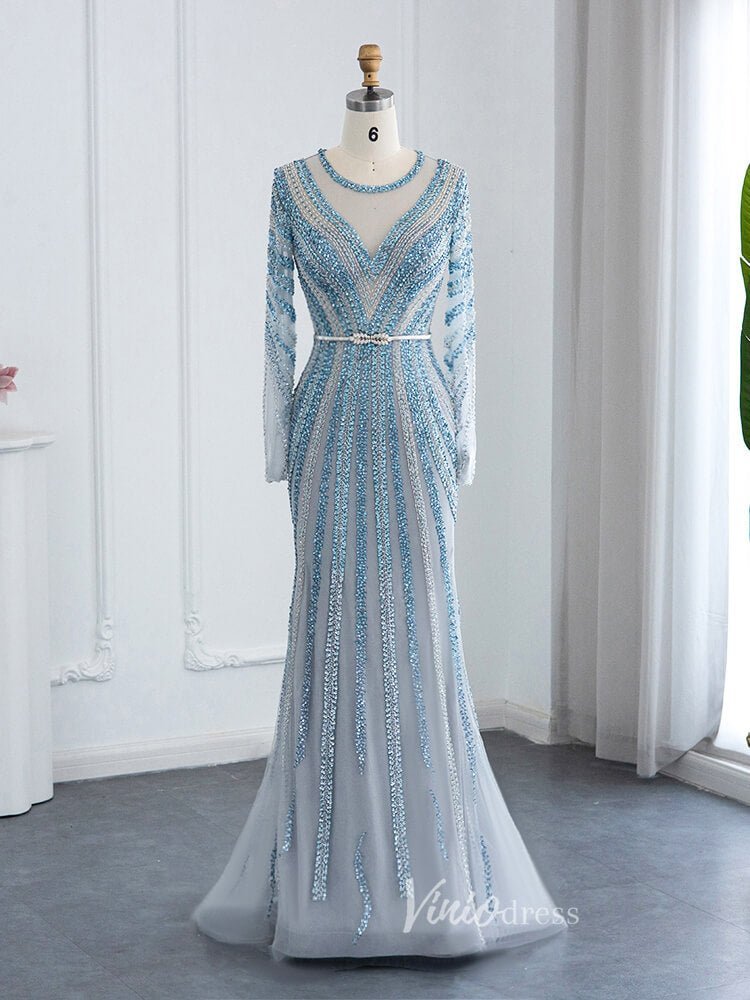Dusty Blue Beaded Prom Dresses Long Sleeve Mermaid Evening Dress 20097 – Viniodress