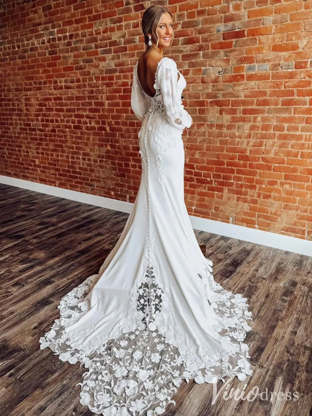 Crepe Mermaid Wedding Dress with Deep V-Neck and Lace Sleeves – ML126 – Viniodress