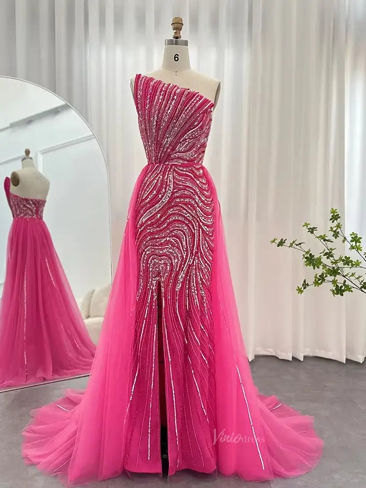Elegant Fuchsia Long Prom Dresses Overskirt Beaded Formal Dresses with Slit BD047-Evening Dresses 2025 -Viniodress-Fuchsia-US 2-