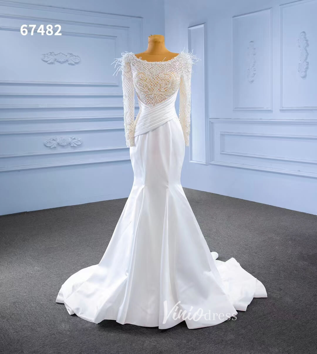 Elegant Mermaid Satin Wedding Dresses Pearl Beaded Long Sleeve Bridal – Viniodress