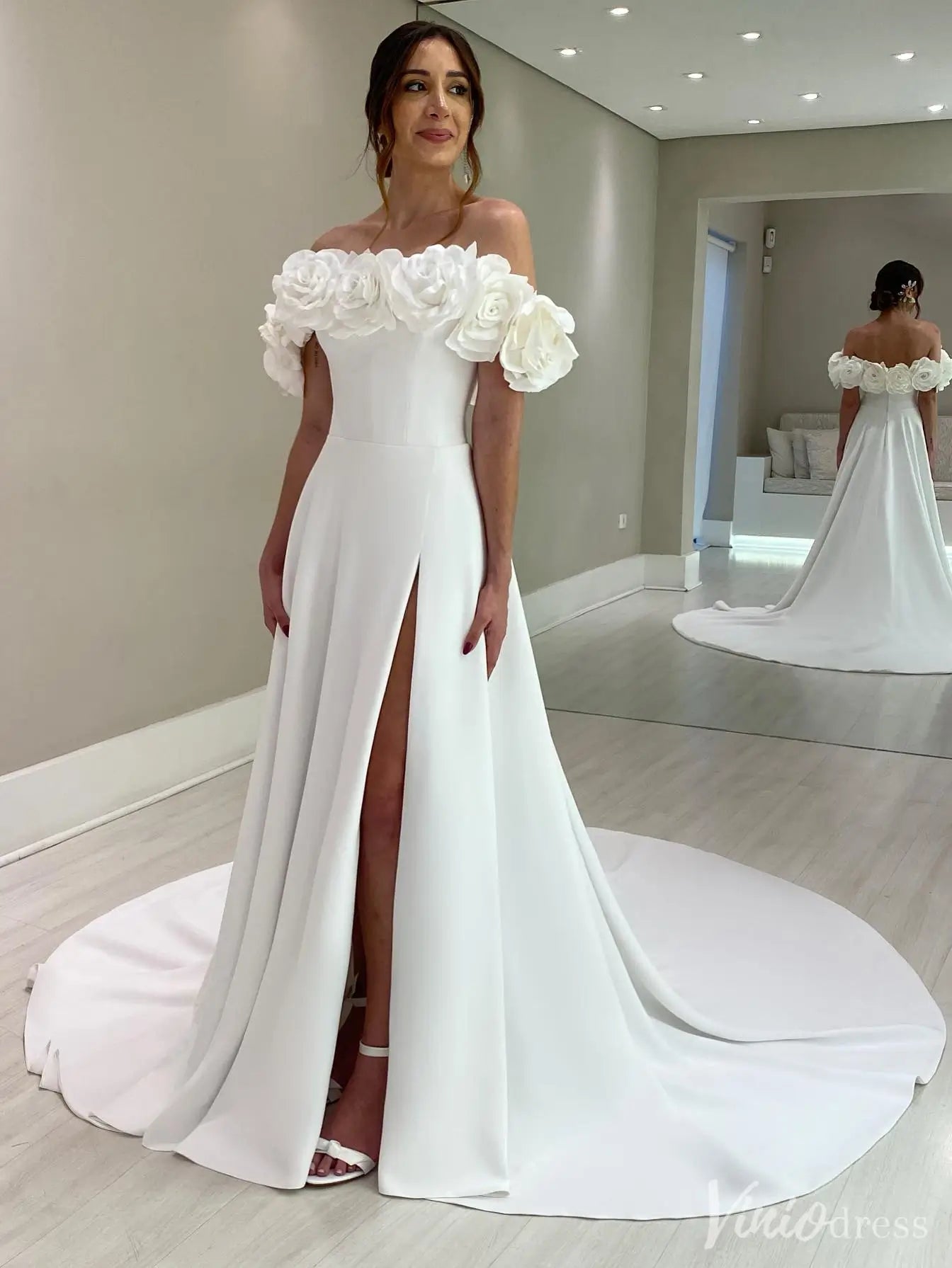 Elegant Off-Shoulder Wedding Dress with Floral Appliques & High Slit