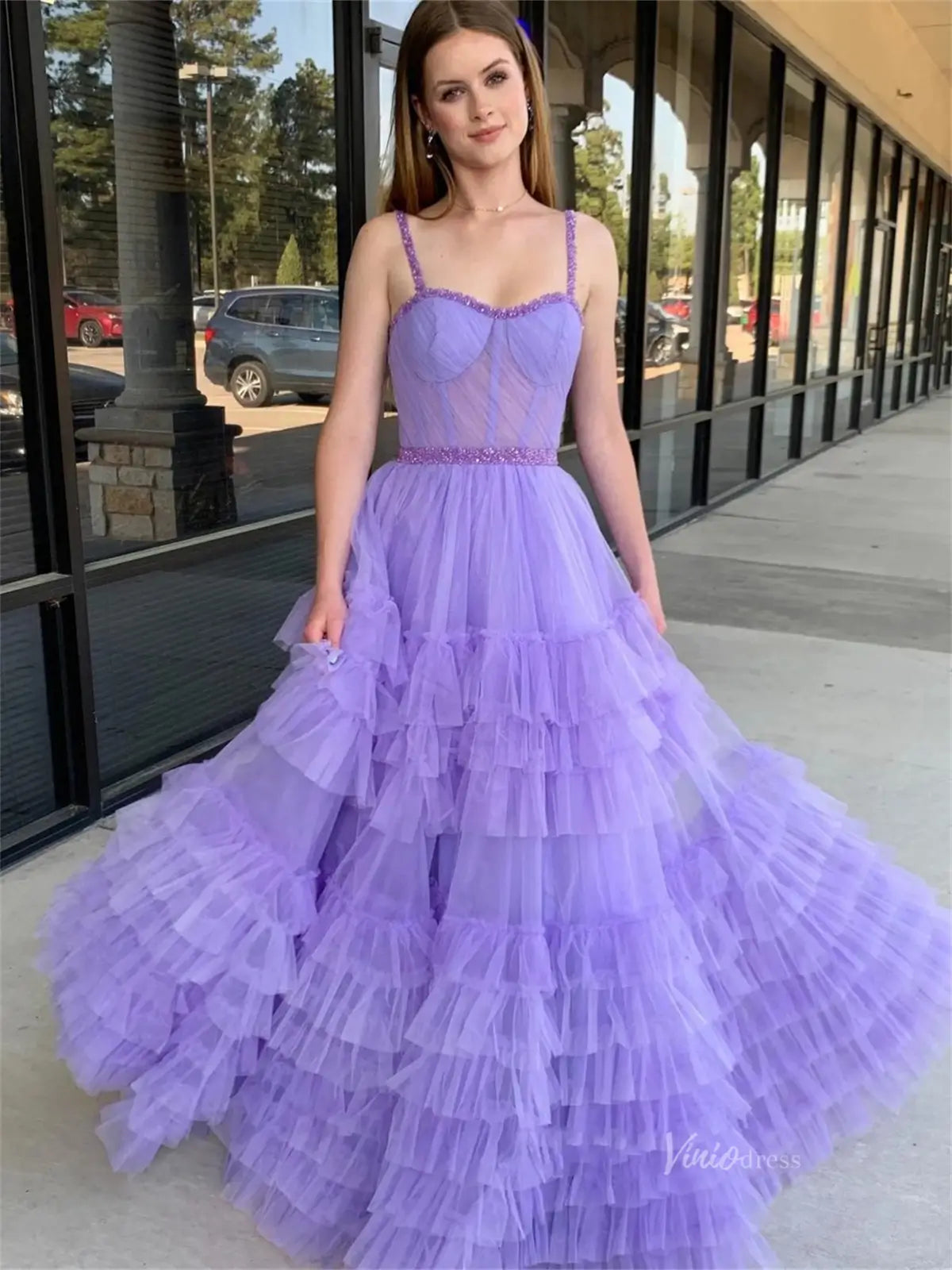 Elegant Ruffled Tulle Prom Dresses with Spaghetti Strap & Sheer Boned – Viniodress