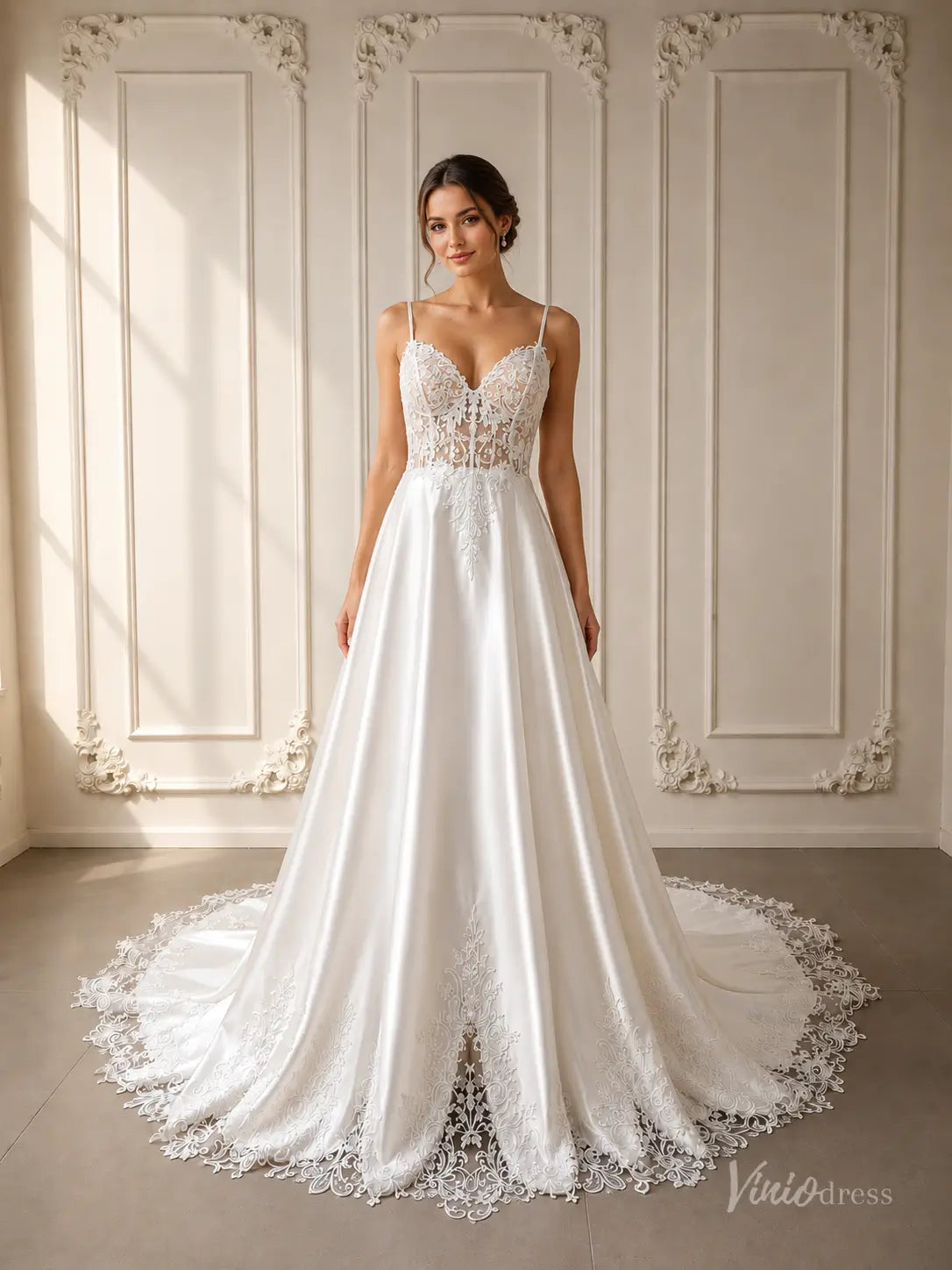 a line cathedral train wedding dress Elegant satin A-line with lace appliqué bodice, sweetheart neckline and train. Romantic bridal gown for timeless brides. – Viniodress Tulle;embellishment Color:Pink Rose Short-Mini 20s cocktail dress 1920s