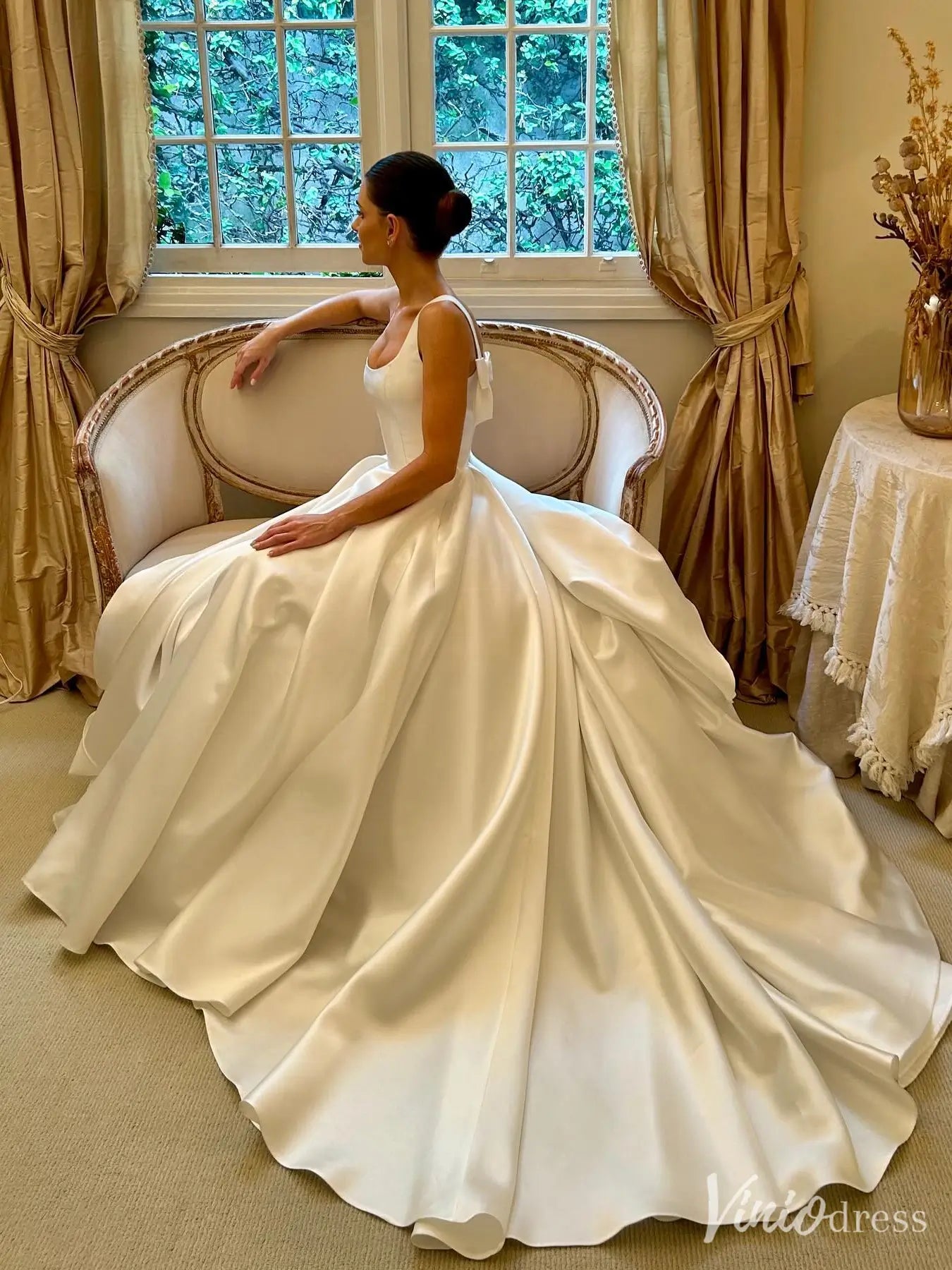 wedding dresses with a long train Satin A-Line Dress Square Neck and Bow – VW2574 – Viniodress color:lilac Earth Tone Wedding Guest Bateau Neckline Sleeves beads