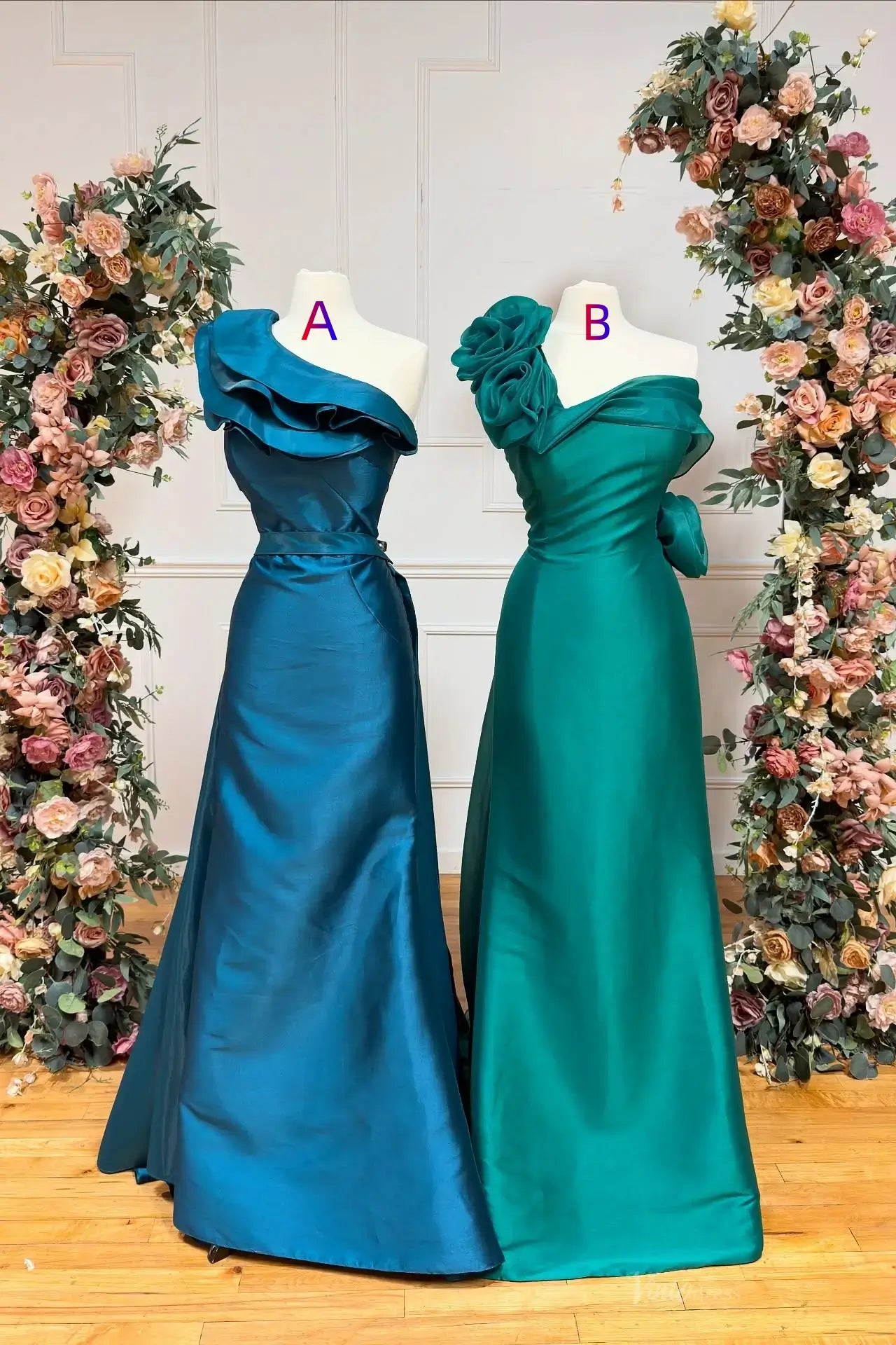 Satin One-Shoulder Mother of the Bride Dress with Floral Ruffle – MM015 – Viniodress