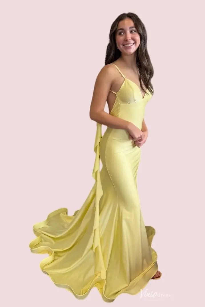 Yellow Mermaid Prom Dress with Open Back and Shoulder Streamers – Viniodress