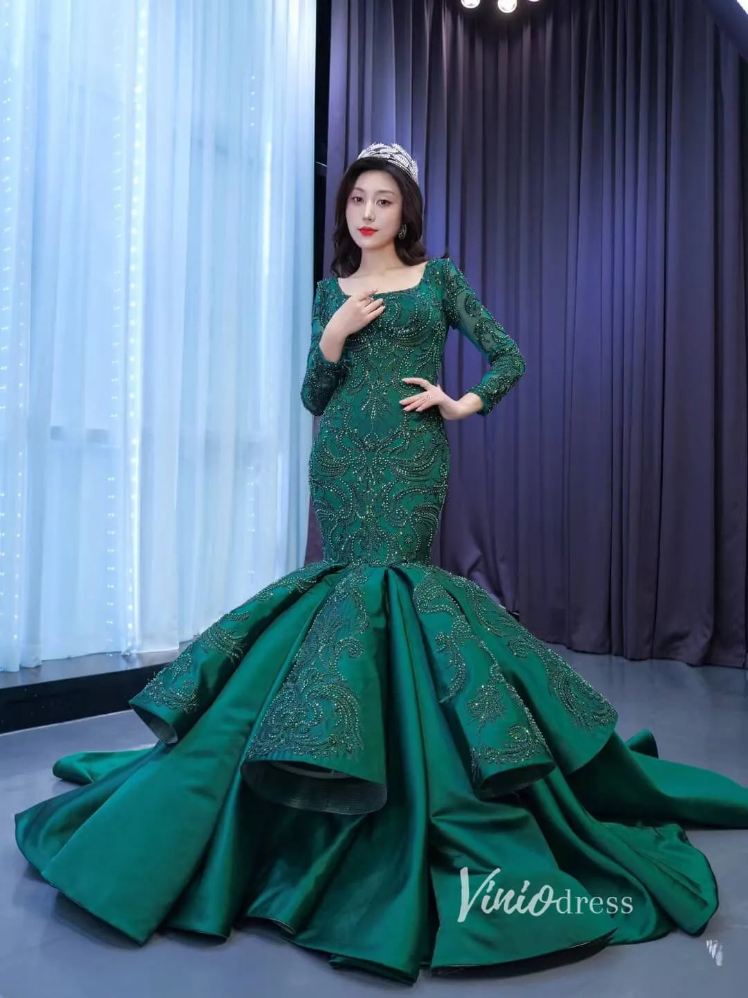 Emerald Green Mermaid Wedding Dresses Beaded Lace Pageant Dress 67518 – Viniodress