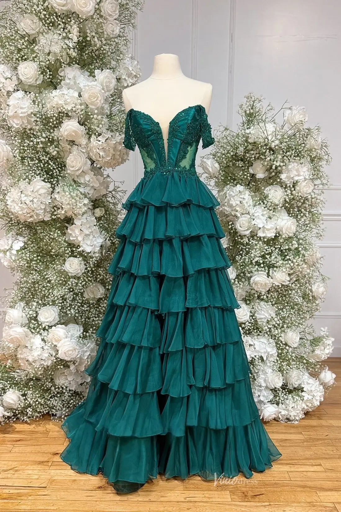 Emerald Green Tiered Prom Dresses with Slit Off Shoulder Corset Formal – Viniodress