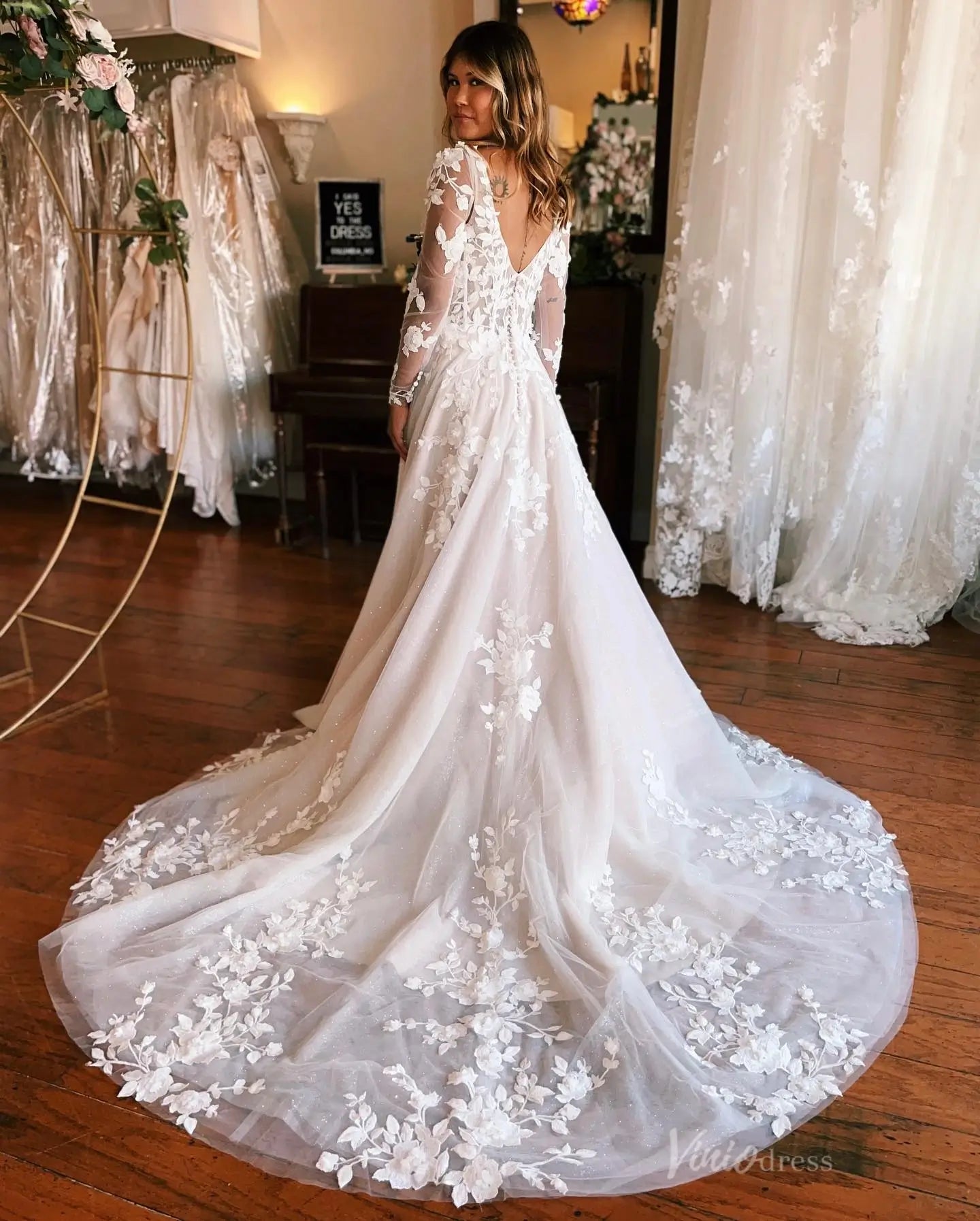 Enchanting Floral Lace A-Line Wedding Dress with Sheer Corset Bodice, Removable Long Sleeves & Chapel Train – LA145
