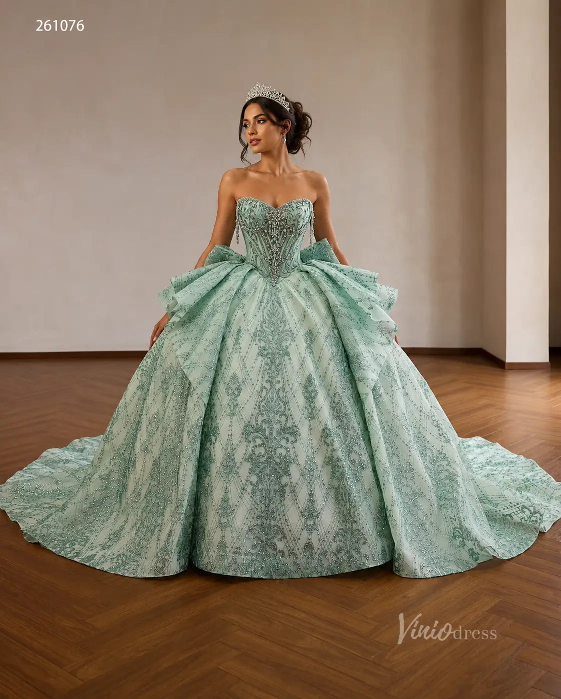 Enchanting Sage Green Glitter Quinceanera Dress with Beaded Corset, Ruffle Overskirt & Bow Back – 261076