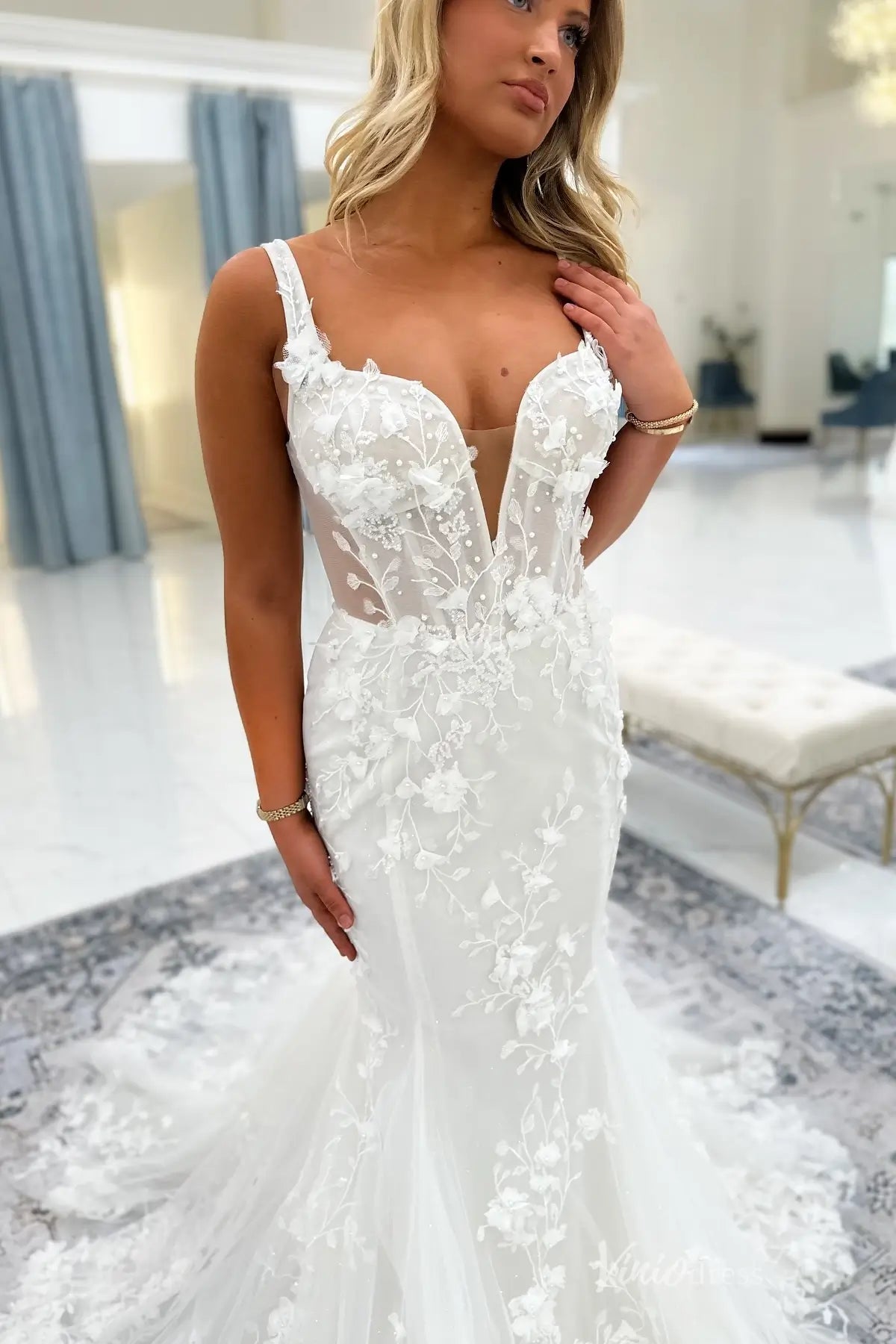 deep v neck lace wedding dress Ethereal 3D Floral Mermaid with Neckline & Sheer Back – ML176 Heavenly | Powder BLUE Colour:SAGE Knit Sweater Dress Halterneck neck illusion corset bodice