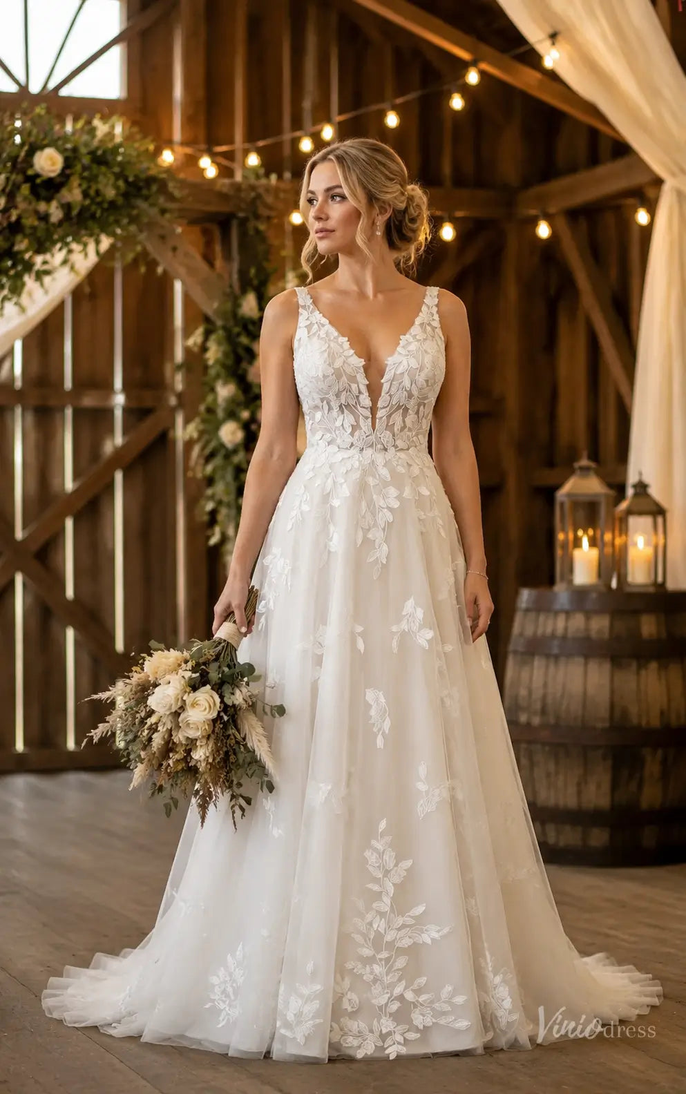 Ethereal A-Line Tulle Wedding Dress with V Neck, Floral Appliqué Bodic – Viniodress